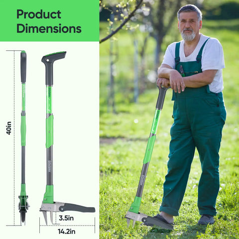 Heavy Duty Stand Up Weed Puller Tool With 40 Inch Handle 3 Claws And Fiberglass Foot Pedal Cast Iron Dandelion Weeder For Easy Weeding Without Bending Or Kneeling Built To Last Like A Boss. 40in stand-up weed puller with 3-claw head and foot pedal, shown in use