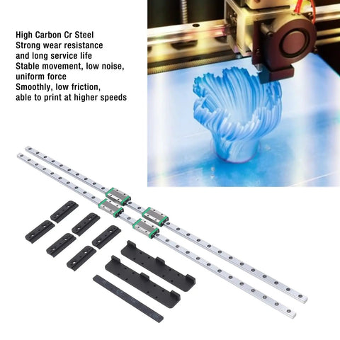 Two Piece Y Axis Linear Guide Rail Set For Neptune 3 Maximum And Neptune 4 Maximum 3D Printers High Carbon Steel Low Noise Slide Blocks For Smooth Precise Motion Upgrade With No Firmware Tweaks No Hassle shown with components and 3D printer in action