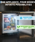 Compact Upright Freezer 1.1 Cubic Foot Stainless Steel Mini Cooler with freezer and refrigerator zones open.