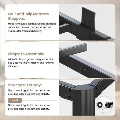 Features of Dead Silent Metal King Size Bed Frame With Attached Headboard, including anti-slip stoppers and sturdy structure.