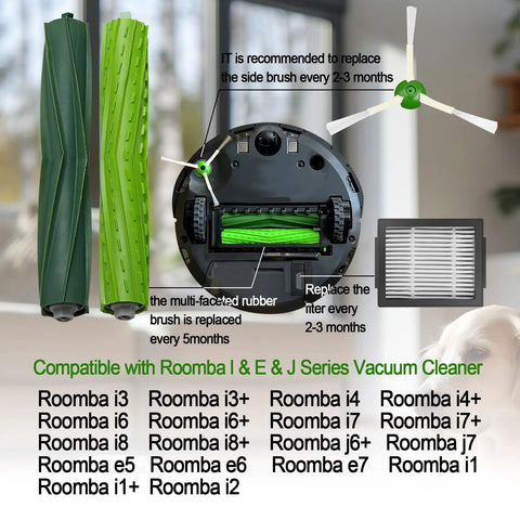 Replacement Parts Kit For Roomba Models Including i3, i3 Plus, i4, i4 Plus, i5, i5 Plus, i6, i6 Plus, i7, i7 Plus, i8, i8 Plus, E5, E6, E7 Plus With 2 Rubber Brush Sets, 8 Side Brushes, And 8 Filters Not Compatible With J7 J7 Plus. green brush and filter replacement kit for Roomba vacuums