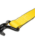 Heavy Duty Ratchet Tie Down Straps 1.5 Inch By 16 Foot 5000 Lb Load Rating 2 Pack showing yellow strap with black coated hook.