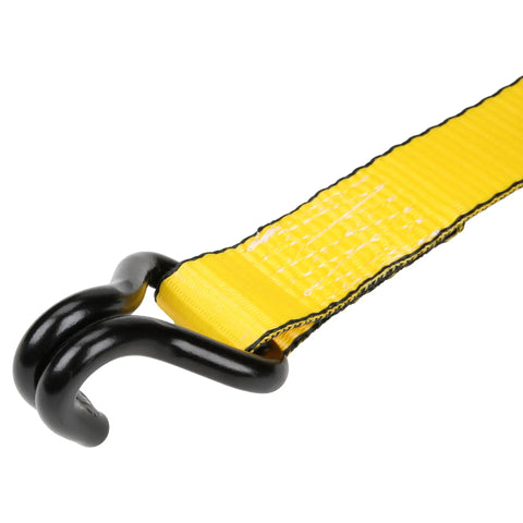 Heavy Duty Ratchet Tie Down Straps 1.5 Inch By 16 Foot 5000 Lb Load Rating 2 Pack showing yellow strap with black coated hook.