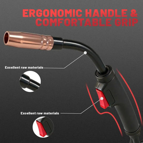 Premium 10ft MIG Welding Gun 180A With Extra Tips Fits Titanium Unlimited 200 And Mig 140/170 Pro K530 Style showing ergonomic handle and grip.