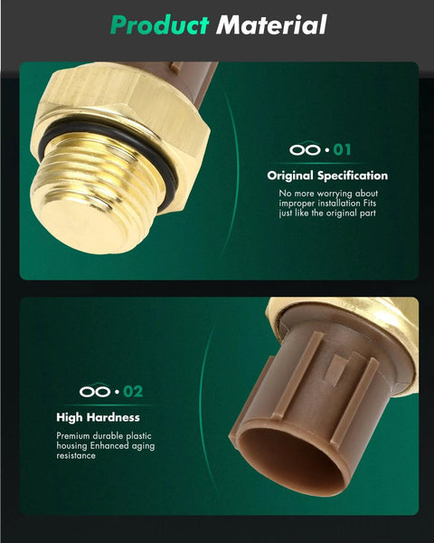 SCITOO coolant water temperature sensor with brass threaded end and brown plastic connector; front and side views.