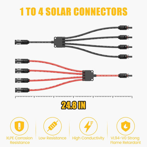 Y Branch Solar Panel Connector Kit 1 To 4 Parallel PV Adapter Cable Tool Free Install Plug And Play Extra Long 24.8 Inch Leads