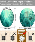 Elongated Toilet Seat Resin for Bathroom, dimensions display, compatibility guide for measurement, blue design