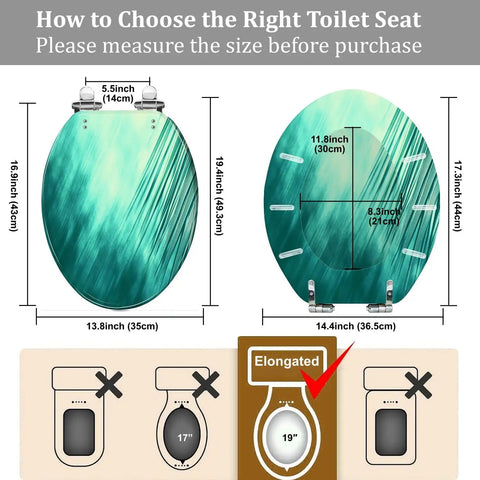 Elongated Toilet Seat Resin for Bathroom, dimensions display, compatibility guide for measurement, blue design