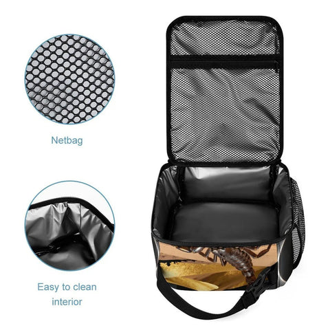 Open Desert Scorpion Eclipse Insulated Lunch Box showing netbag, easy-to-clean interior, and portable design for office or travel.