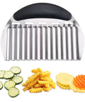 Front view of large stainless steel crinkle cutter with black handle for potatoes, cucumbers, and carrots.
