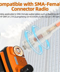 Close-up of orange Dual Band Walkie Talkie Antenna with SMA female connector for 144 and 430 MHz, compatible with UV5R series radios.