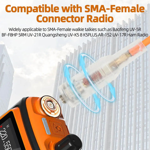 Close-up of orange Dual Band Walkie Talkie Antenna with SMA female connector for 144 and 430 MHz, compatible with UV5R series radios.