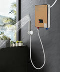 Heavy Duty Electric Tankless Water Heater With Instant Hot Shower Output mounted on wall with showerhead and water flow.