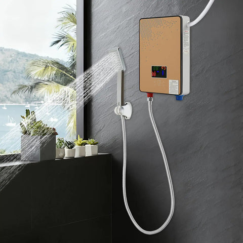 Heavy Duty Electric Tankless Water Heater With Instant Hot Shower Output mounted on wall with showerhead and water flow.