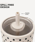 Polka Dot Tumbler Cup 20 Oz French Vanilla Vibes showing spill-free design and flexible straw for easy sipping.