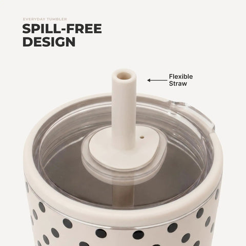Polka Dot Tumbler Cup 20 Oz French Vanilla Vibes showing spill-free design and flexible straw for easy sipping.