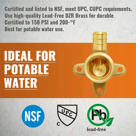 Image of a lead-free brass PEX drop ear elbow with NSF, UPC, and lead-free certifications shown.