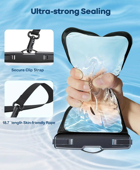 Hand squeezing Three Pack Universal Waterproof Phone Pouches with IPX8 Dry Bag Case, showcasing secure clip strap and rope.