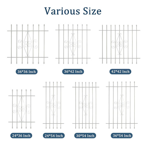 Various sizes of decorative window security bars, including Heavy Duty Window Bars With Spear Point Design 24 By 36 Inches.