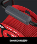 Close-up of 100 Ft Retractable Extension Cord Reel With Four Outlets For Outdoor Yard Work And Heavy Duty 14 AWG SJTW Cable Includes On Off Switch And Light Indicator CSA Certified