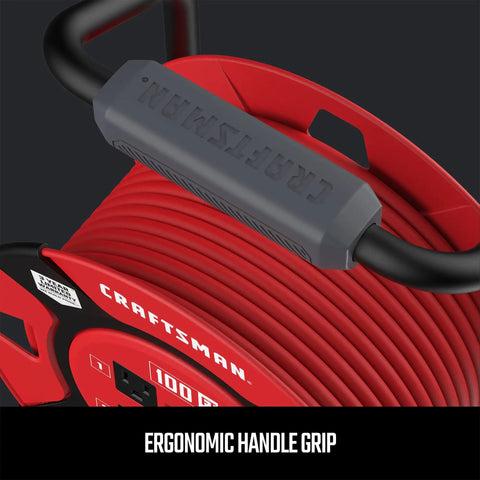 Close-up of 100 Ft Retractable Extension Cord Reel With Four Outlets For Outdoor Yard Work And Heavy Duty 14 AWG SJTW Cable Includes On Off Switch And Light Indicator CSA Certified