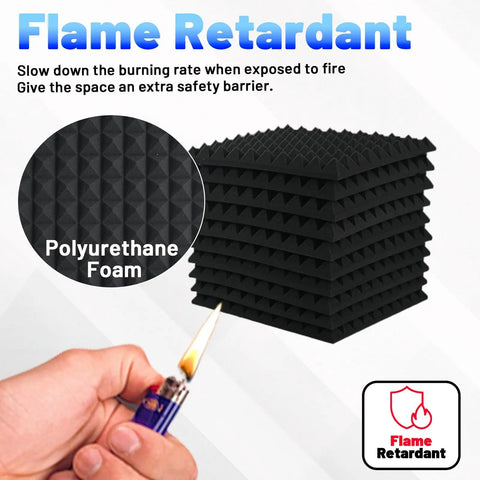 Thirty Six Pack Black Pyramid Acoustic Foam Panels 12 By 12 By 1 Inch showcasing flame retardant polyurethane material.