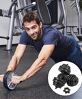 Man exercising with ab roller in gym, inset showing 6 Pack Spinlock Dumbbell Collars For 1 Inch Bars, Heavy Duty Steel And PVC Construction