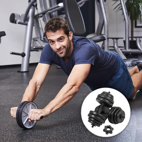 Man exercising with ab roller in gym, inset showing 6 Pack Spinlock Dumbbell Collars For 1 Inch Bars, Heavy Duty Steel And PVC Construction