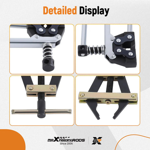 Detailed views of Roller Chain Tools Kit For 60 To 100 Chains Includes Connecting Holder, Puller, Detacher, Breaker, And Cutter