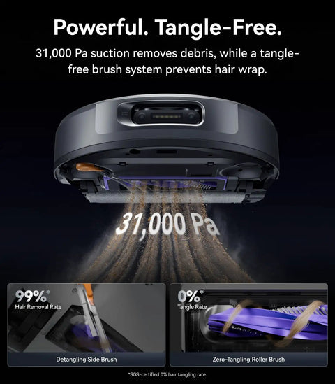 Bottom view of the Flow 2 Robot Vacuum And Mop Combo With 31000 Pa Suction featuring tangle-free brush system.