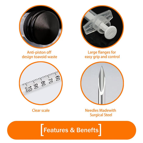 One Milliliter Syringes With 31G 5/16 Inch Needle 30 Pack Individually Wrapped For Lab Use No Fuss Easy One Handed Operation And Airtight Plunger With Clear Measurement Scale Disposable Medical Supplies, clear scale and surgical steel needle close-up