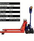 Huge 11023 Lbs Electric Pallet Jack Walkie Truck With Auto Brake And Fast Charge For Heavy Industrial Work Moving Cars And Machinery On Job Sites specifications display