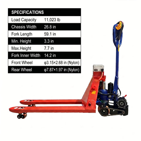 Huge 11023 Lbs Electric Pallet Jack Walkie Truck With Auto Brake And Fast Charge For Heavy Industrial Work Moving Cars And Machinery On Job Sites specifications display