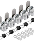 Five Eighth Inch Cabinet Cam Lock Set Keyed Alike Five Pack Cylinder Locks For File Drawers Desks Mailboxes RV Compartments And Tool Boxes Chrome Finish Zinc Alloy Built To Last displayed with keys and locking plates