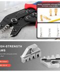 Knoweasy KN-2549 precision crimping tool, black body with red handle; jaws for 0.08-1.0 mm2 wire and JST terminals.