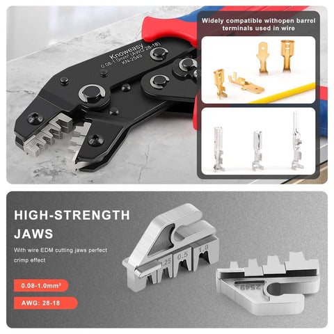 Knoweasy KN-2549 precision crimping tool, black body with red handle; jaws for 0.08-1.0 mm2 wire and JST terminals.
