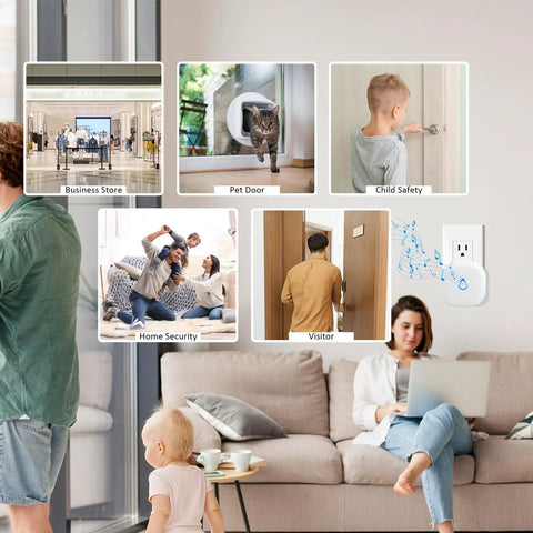 Motion Sensor Door Chime With Wireless PIR Detector And Receiver for home security, pet monitoring, child safety, and visitor alert.