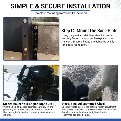 4 Inch Setback Outboard Jack Plate For Small Boats Up To 35 HP With Manual Height Range From Zero To One Hundred Millimeters In Twenty Millimeter Increments From Engine To Transom And Wooden Mounting Block Included Compatible With Yamaha Mercury Honda installed on small boat transom