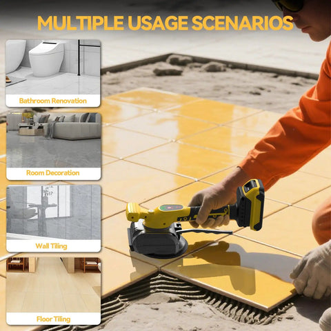 Person using Cordless Tile Vibration Tool With 5 Speed Settings For Leveling Floors And Walls on yellow tiles.