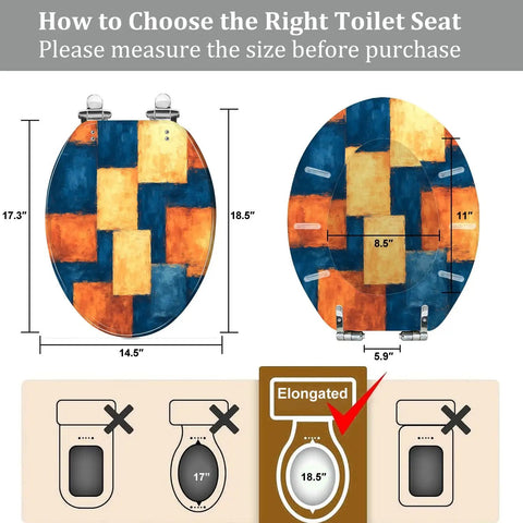 Elongated Toilet Seat for Bathroom displayed with dimensions, 14.5" x 18.5", showing installation tips.