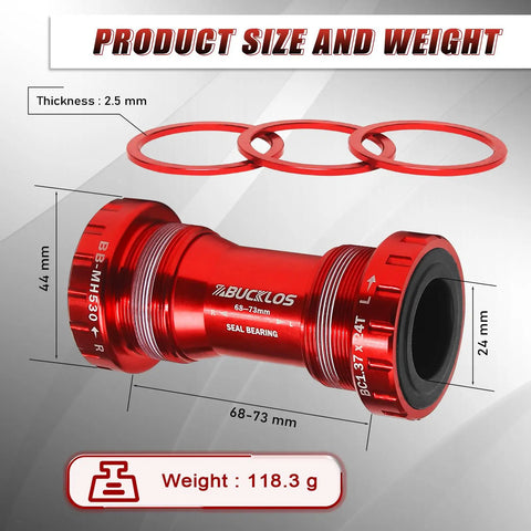 Bottom Bracket With Threaded Or Press Fit Mount, BSA 68-73mm And 86-92mm, Ceramic And Steel Bearings, Black And Red, shown with dimensions