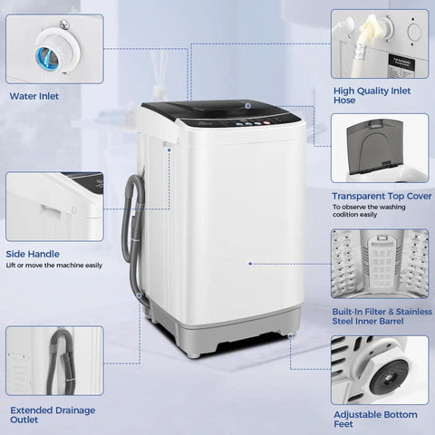 Compact Portable Washing Machine 20 Lbs Turbo Wash System with side handle, water inlet, and transparent top cover for small apartments.