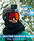 Person wearing helmet with a GoPro mounted using Adhesive Mount Kit For GoPro And Action Cameras 10 Pack Flat And Curved Mount Pads