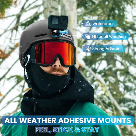 Person wearing helmet with a GoPro mounted using Adhesive Mount Kit For GoPro And Action Cameras 10 Pack Flat And Curved Mount Pads