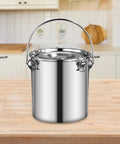 Stainless Steel Sealed Water Bucket And Multipurpose Stockpot for bar and kitchen on wooden counter, 20x20 cm
