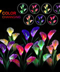 Three Pack Solar Garden Stake Lights With Realistic Calla Lily Flowers, Waterproof Outdoor LED Path Lights, Seven Color Changing LEDs