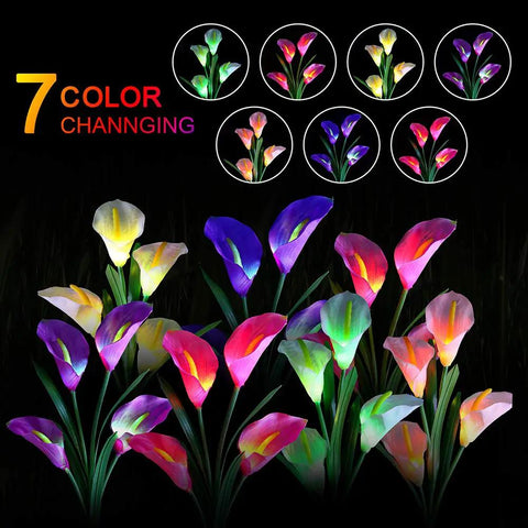 Three Pack Solar Garden Stake Lights With Realistic Calla Lily Flowers, Waterproof Outdoor LED Path Lights, Seven Color Changing LEDs