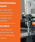 Side view of industrial drill press with cutting tool in chuck and orange housing