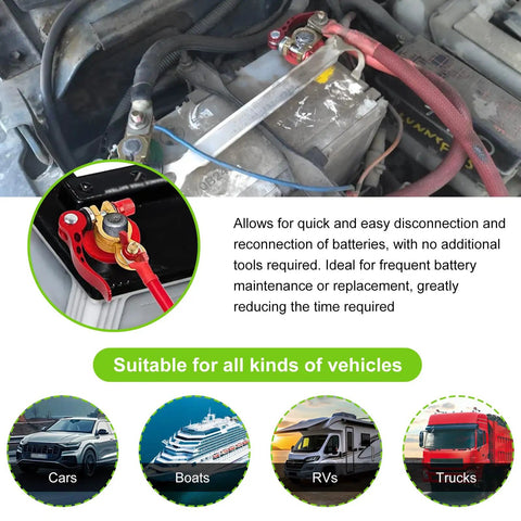 Battery Terminal Connectors 2 Pack Quick Disconnect Terminals With Anti Corrosion Pad Positive And Negative Top Post Ends For Car And Marine Use Durable Brass With Tin Plated Finish Easy Install shown installed on a car battery with red cables connected.