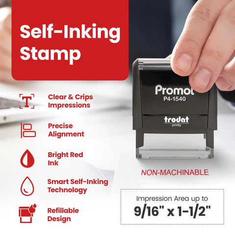 Get The Job Done Quick With This No Fuss Self Inking Rubber Stamp Featuring Non Machinable Mail Markings For Hassle Free Postal Compliance And Refillable Ink That Prints Crisp, showing bright red ink and clear impressions.